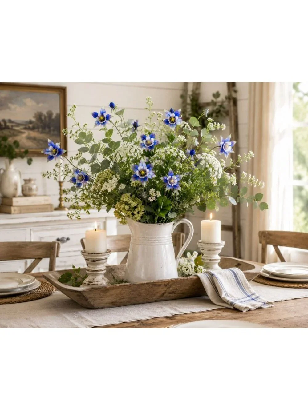 Artificial Columbine Flowers Set of 2, Blue Faux Flower Stems, 32 Inch Wildflowe